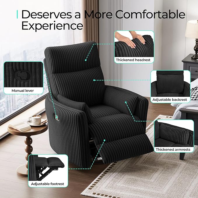 LINSY HOME 360 Swivel Nursery Rocking Chair with 2 Pillows, Corduroy High Back Adult Recliner for Small Spaces, Nursery Glider Rocker Chair, Bedroom Living Room Reclining Chairs (Black)
