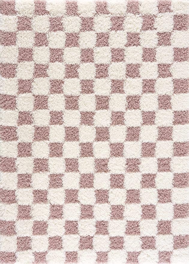 Hauteloom Atira Contemporary Checkered Fluffy Shag Runner Rug - Modern Geometric Carpet Tiles for Hallway, Kids Room - Plush Pile Carpet Squares - Cream, Pink- 2'7" x 10'