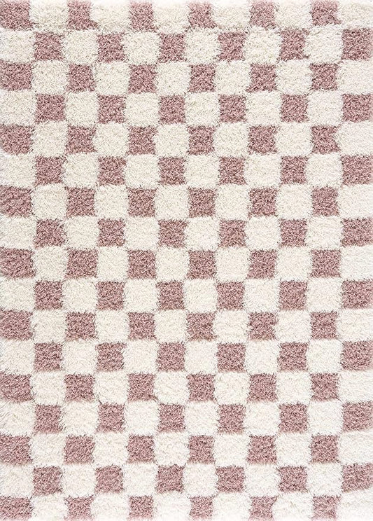 BoutiqueRugs Atira Modern Checkered Shag Area Rug - High Pile Fluffy Shaggy Carpet for Kids Room, Nursery, Living Room - Pink, Cream, White, Blush, Rose - 7'10" X 10'3" (8x10)