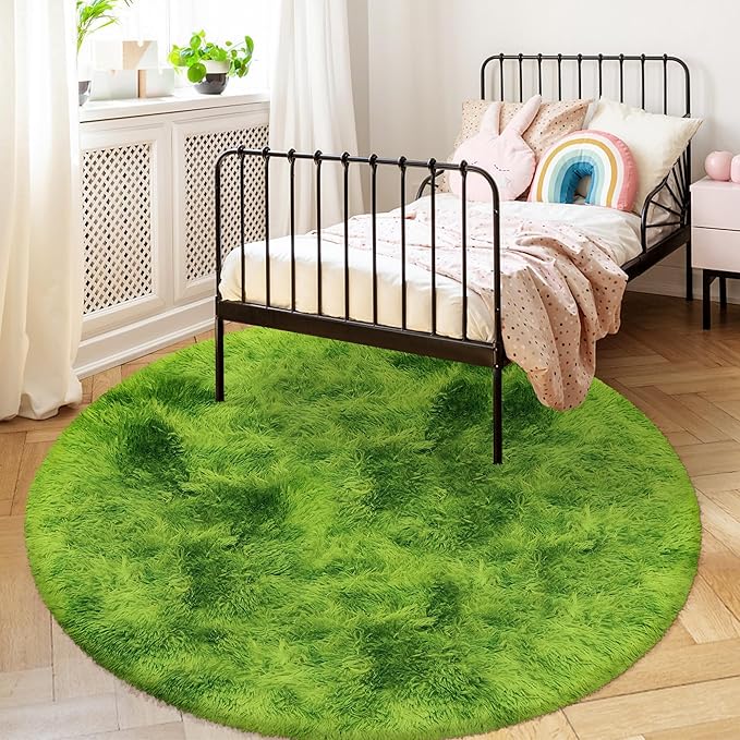 5 ft Fluffy Green Grass Area Rugs for Bedroom,Tie Dyed Plush Circle Rug Shag Round Carpet Fuzzy for Living Room Baby's Toddler's Boys Girls Room Kids Playroom Nursery Decor Aesthetic