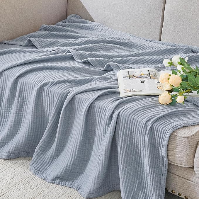 EMME Cotton Muslin Queen Blanket Bed Layering Bedspread Coverlet Breathable Gauze Soft Lightweight Blankets (Heather Dusty Blue, 90"x90")