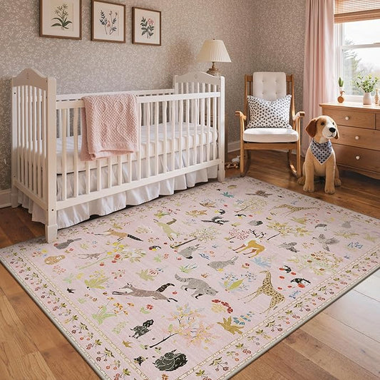 Rugs for Living Room 5x7 Floral Animal Print Area Rug Machine Washable Rug, Non Slip Low Pile Girl Room Carpet for Bedroom, Entryway, Nursery, Pink