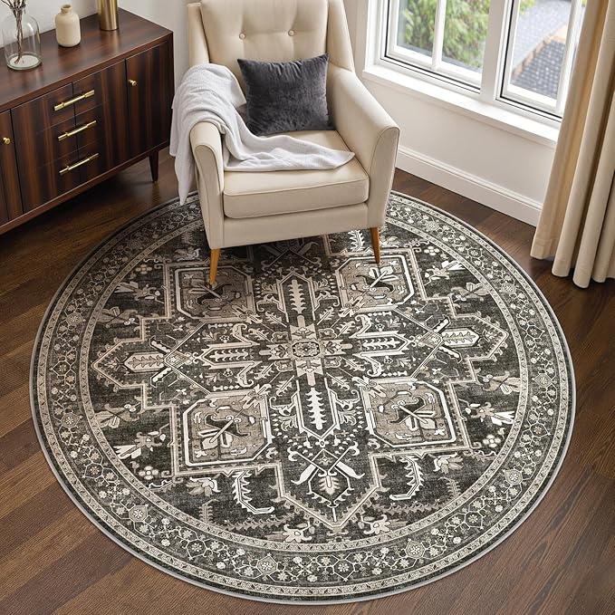WITSHOCK 6Ft Round Black Washable Area Rug: Vintage Boho Non-Slip Low Pile Large Circle Carpet for Living Room Bedroom Kitchen Nursery Home Office, Foldable Soft Pet-Friendly Farmhouse Floral Décor