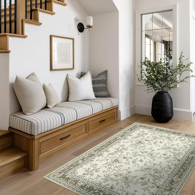 Floral Boho Rug 4x6 Washable Non Slip Area Rug Bohemian Carpet Door Mat Taupe Beige Tan Floral Distressed Modern Farmhouse Sketch Style Flower for Bedroom Foldable 4x6 for Entryway Living Room