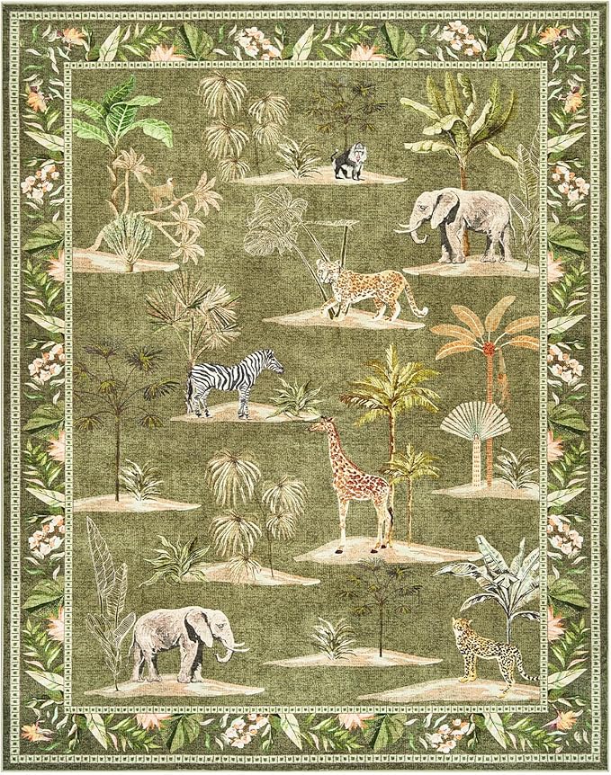 jinchan 2x3 Green Jungle Rug for Entryway Washable Throw Rug Animals Print Kitchen Mat Indoor Doormat Ultra-Thin Low-Pile Non-Slip Soft Botanical Christmas Carpet for Bedroom Entrance (2'x3', Green)
