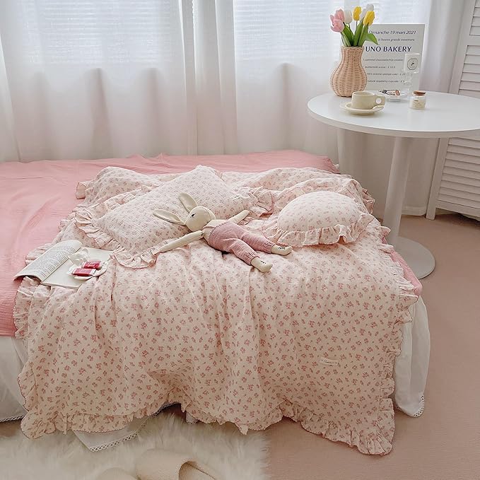 AOJIM Floral Print Kids Duvet Cover for Girls Boys, Pink Muslin Cotton Baby Toddler Bedding Comforter Cover 2-Layer Gauze 59X79'', Ruffled Edges Soft Crib Duvet Protector 1pc, No Quilt or Pillowcases