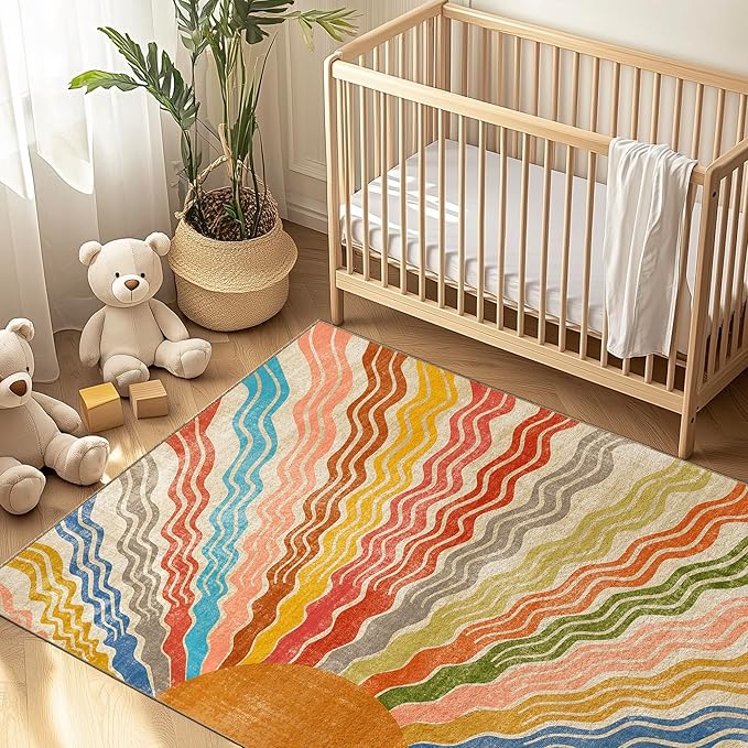 Washable 5x7 Sun Area Rug for Living Room, Rainbow Sun Modern Retro Large Area Rugs, Ultra Thin Low Pile Lightweight Soft Indoor Floor Carpet with Non-Slip Backing for Bedroom Kids Nursery Play Room