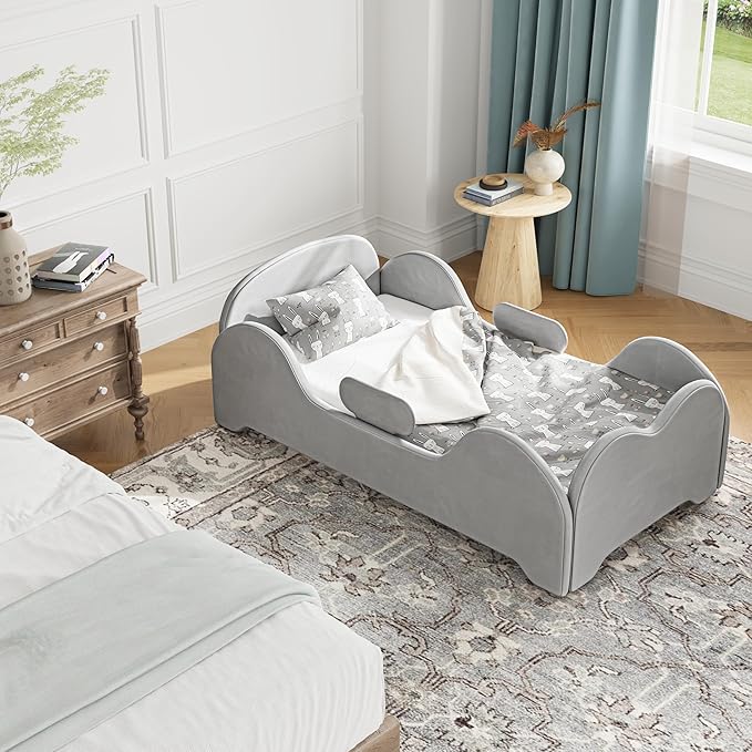 Toddler Bed, Toddler Flood Bed with Extra Safety Broad, Standard Crib Size for Kids, Certified Fabric Toddler Beds, Low to Floor Design (Grey)