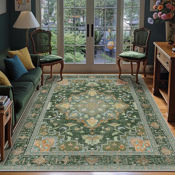 Machine Washable Rugs Nursery Rug 8x10 Area Rugs Non Slip Low Pile Water Repellent Soft Print Pattern for Bedroom Indoor Decor Kids Playroom Green