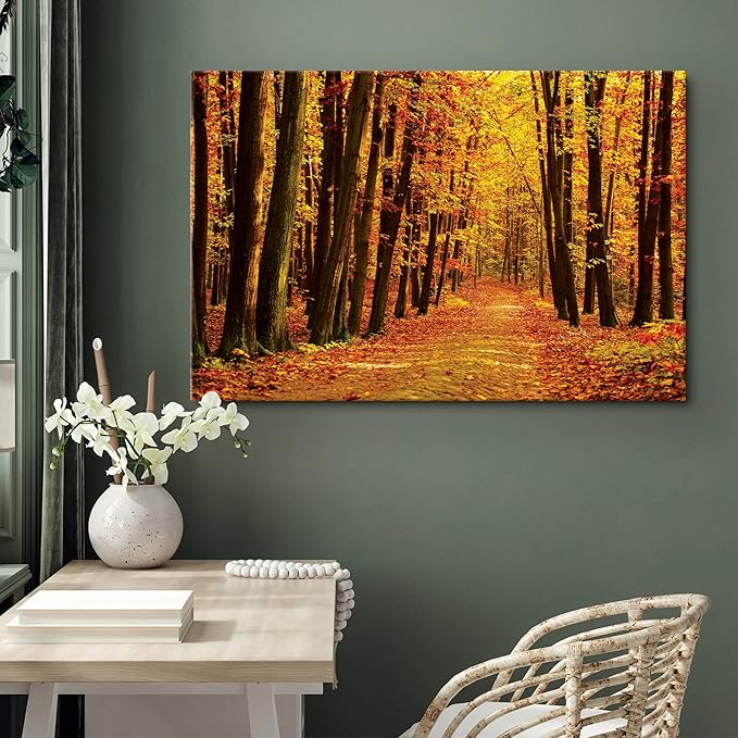 SIGNWIN Canvas Print Wall Art Walk Through Red Yellow Leaf Autumn Forest Nature Wilderness Photography Modern Art Rustic Landscape Relax/Calm Multicolor for Living Room, Bedroom, Office - 32x48