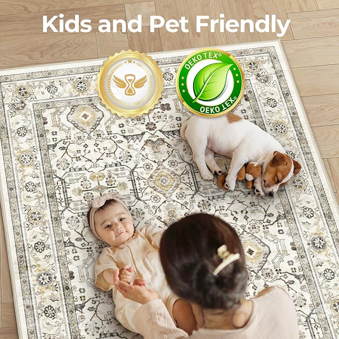 WITSHOCK Living Room Area Rugs 5x7: Washable Rug Boho Soft Non-Slip Low Pile Stain Resistant Foldable Carpet for Bedroom Playroom Dining Room Office Kitchen Farmhouse Home Decor Rug-Cream Color