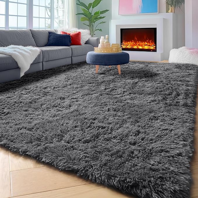 ONASAR Grey Area Rugs for Living Room Bedroom, 5x8 Gray Fluffy Shag Rug, Washable Ultra Soft Plush Shaggy Large Indoor Floor Carpet for Nursery Kids Girls Boys Teen Home Office Decor Aesthetic