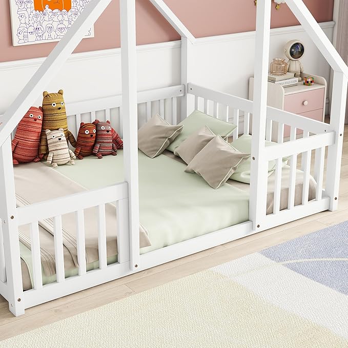 Bellemave Full Floor Bed for Kids, Girls, Boys, Wood House Bed Frame, House Floor Bed for Kids, Full Size Montessori Floor Bed with Fence, Playhouse, White