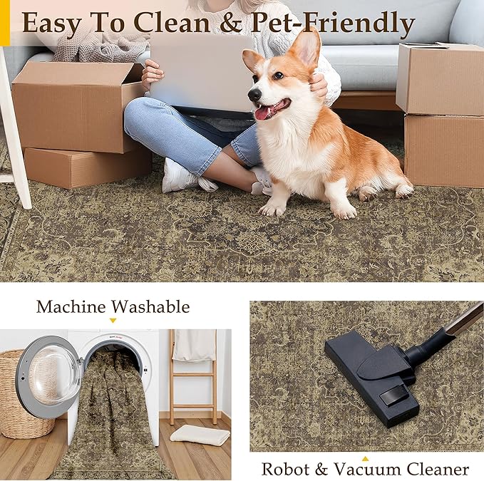 5x7 Brown Washable Vintage Runner Rug for Living Room Bedroom Soft Tranditional Non Slip Large Throw Rug Lightweight Floral Low Pile Distressed Carpet Laundry Dining Room Kitchen Office
