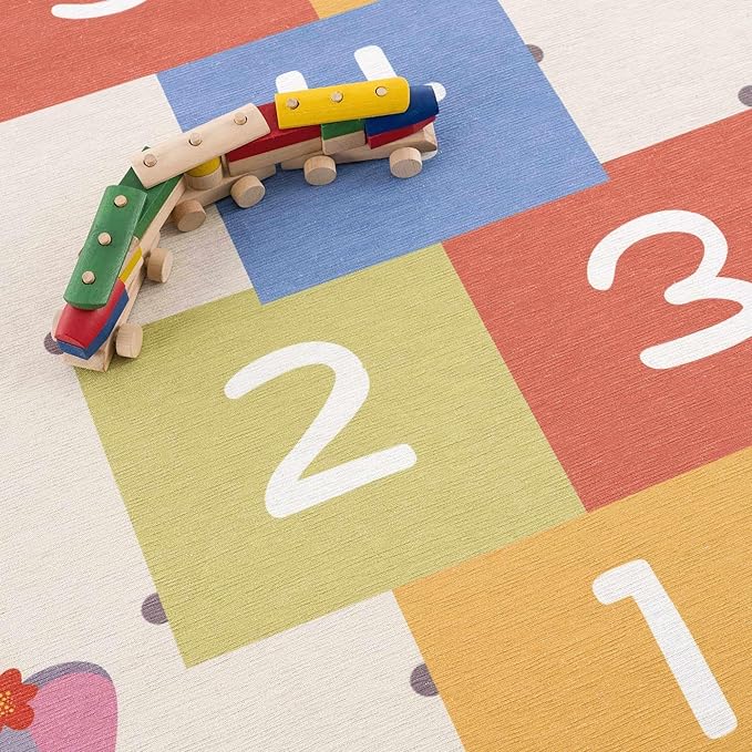 Hauteloom Lundy Girls Room, Boys Room, Kids Room Playroom Machine Washable Area Rug - Hopscotch Animal Carpet - Cream, Red, Orange, Blue, Colorful - 6'7" x 9'
