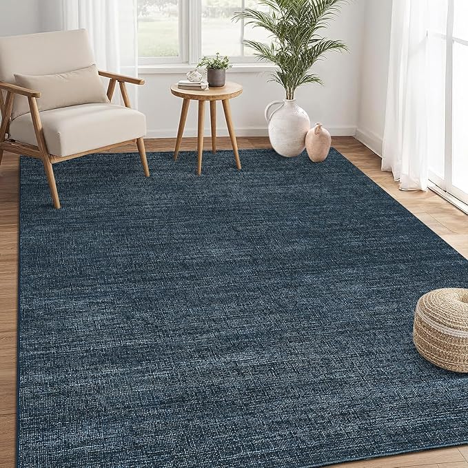 Washable Area Rug 8x10 for Living Room Bedroom Non Slip Minimalist Solid Color Area Rugs Modern Abstract Plain Dining Room Throw Carpet Low Pile Soft Classic Boho Rugs for Kitchen Nursery Oiifce, Navy