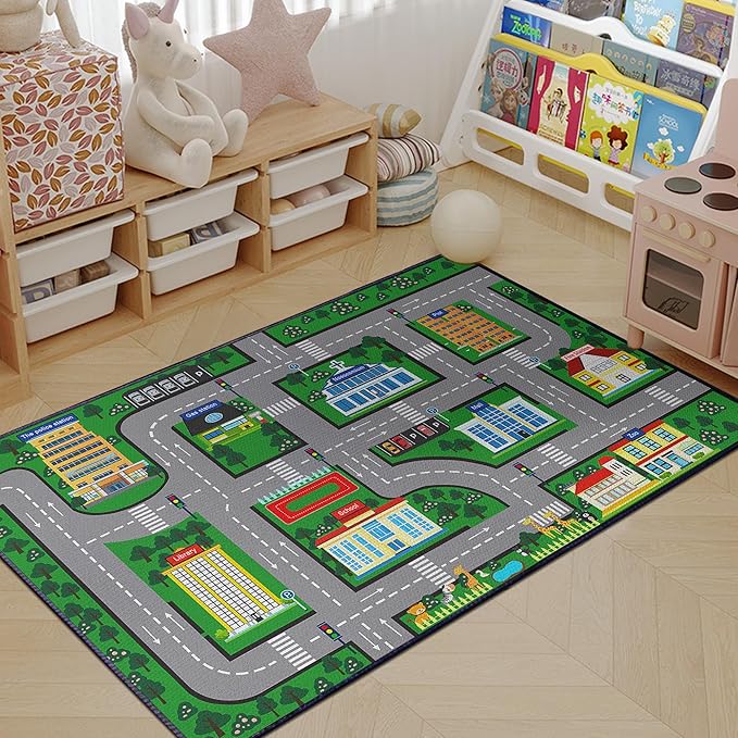 Fun Car Play Area Carpet Car Mat 3x4 Play Rug for Playroom Town City Road Map for Bedroom Non-Slip Washable
