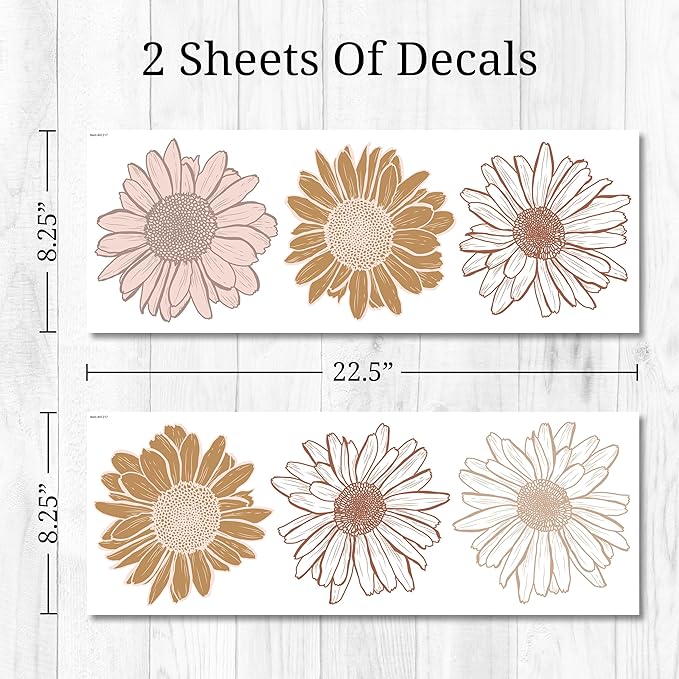 Boho Sunflower Wall Decals - Set of 6 7" Vinyl Flower Room Decor Peel and Stick Removable Floral Stickers for Nursery Bedroom Bathroom