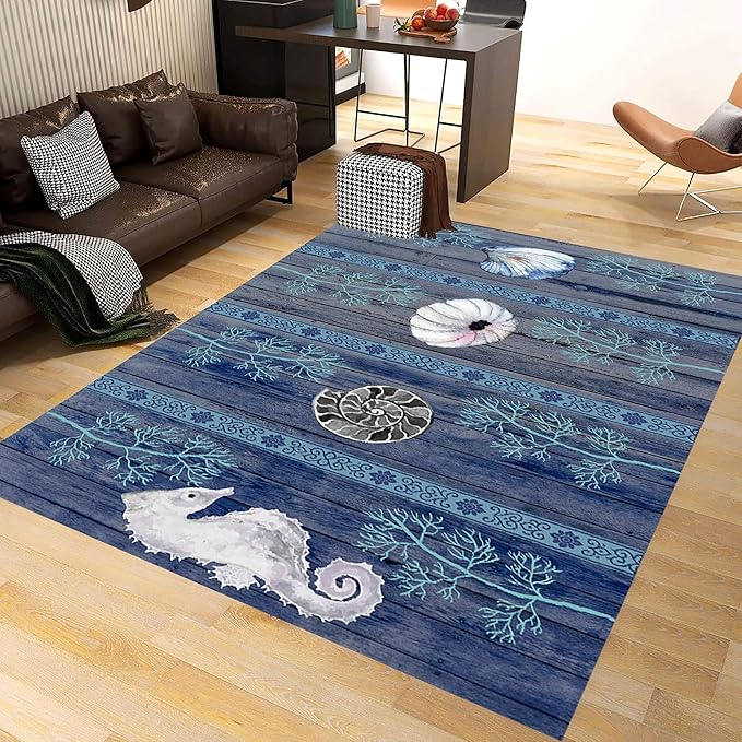 Nautical Living Room Rug, 6x8ft, Ocean Theme Conch Shell Seahorse Indoor Rugs, Beach Waterweed Kitchen Decor Mats, Durable Shed Resistant Cozy Easy Clean Carpet for Bedroom Family