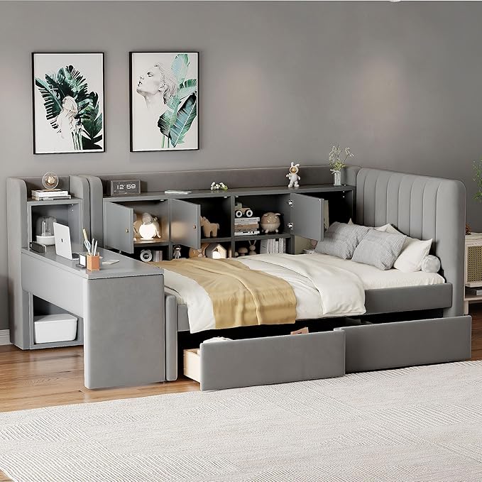 Twin Size Daybed with Desk, Storage Drawers and L-Shaped Bookshelf Headboard, Velvet Upholstered Soft Corner Bed with Flip Cabinets and Shelves for Kids Boys Girls, Gray
