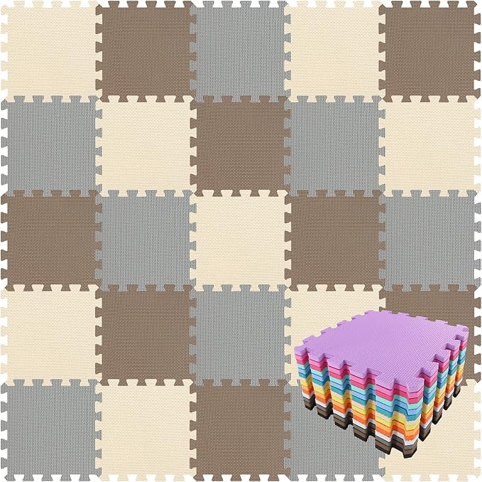 qqpp EVA Rubber 18 Tiles Interlocking Puzzle Foam Floor Mats - Baby Play Mat for Playing | Exercise Mat for Home Workout. Brown, Beige, Gray. QC-FJLb18N