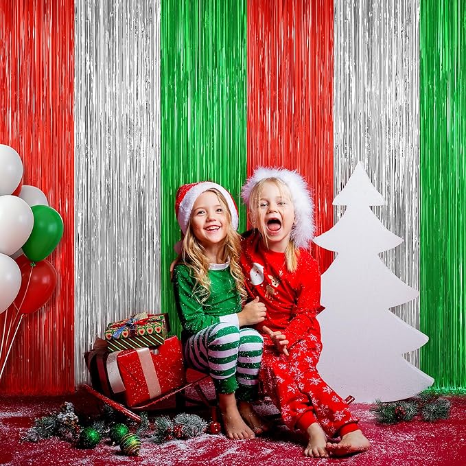 2 Pack Christmas Metallic Tinsel Foil Fringe Curtains, Door Streamers Photo Booth Backdrop for Birthday Party, Tinsel Curtain Backdrop for Christmas Theme Party Decorations, Red Silver and Green