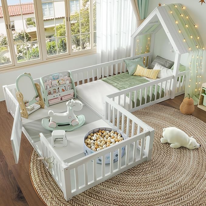 Harper & Bright Designs Twin Size House Shaped Double Floor Bed with Door and Full-Length Guardrails, Solid Wood Kids Montessori Floor Bed for Girls Boys, Multi-Function, White