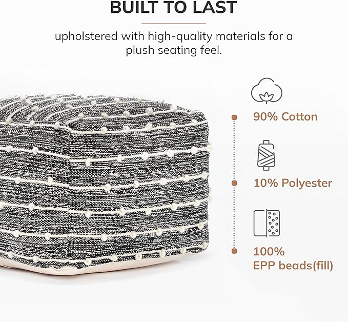 Anji Mountain 100% Handmade & Handcrafted Comfortable Home Décor Pouf Ottoman Footrest for Living Room, Bedroom, Nursery, Kidsroom, Patio Furniture - (22" x 22" x 16"- Black,Ivory)