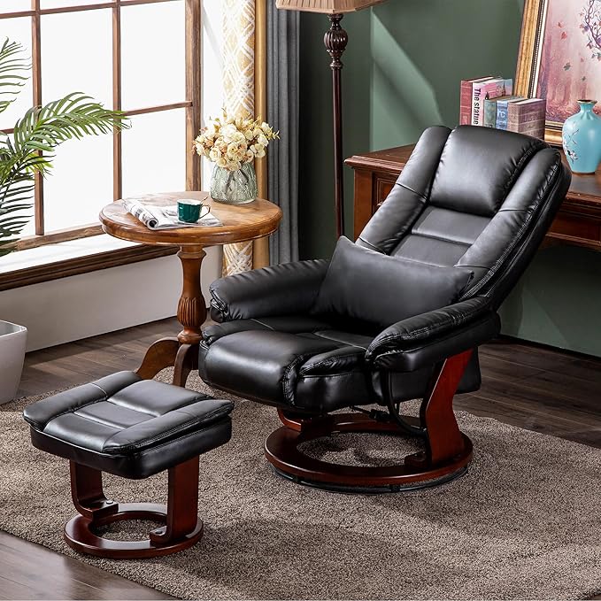 MCombo Swivel Recliner with Ottoman Chair, TV Chair Sets with Vibration Massage, for Small Space Living Room Bedroom 9096 9099 (Textile, Black)