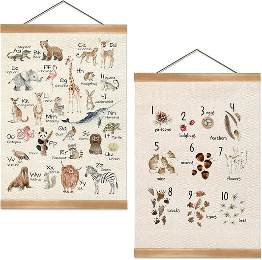 Alphabet Numbers Poster Set of 2, Children's Room Wall Art, Animal Numbers&ABC Banner Poster, Letter Banner Wall Hanging Decor for Toddler Room,Playroom,Nursery 12x16inch(Forest Animals 123&ABC)
