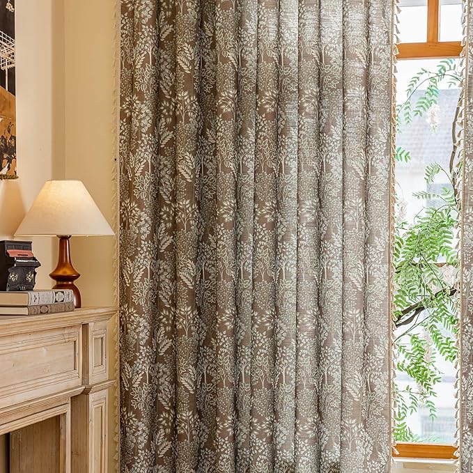 OYX Floral Curtains 84 Inch Length 2Panels for Living Room, Bedroom Light Filtering Drapes, Farmhouse Vintage Country French Tassels for Boho Pattern Rod Pocket Aesthetic Home Decor Window Treatments