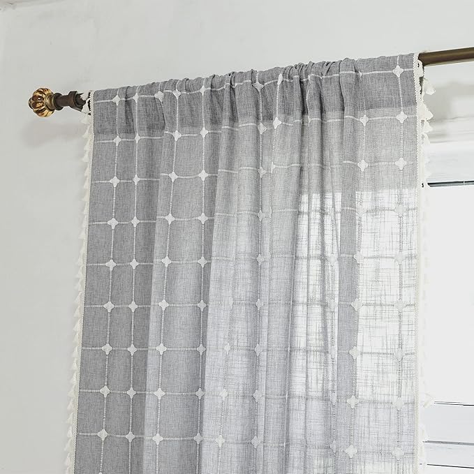 Deeprove Boho Curtains 84 Inches Long for Bedroom Kitchen, Cotton Linen Gray Plaids Embroidered Semi Blackout Bohemian Farmhouse Window Treatment Grids Drape Tassels, 1 Panel W52 x L84 Grey