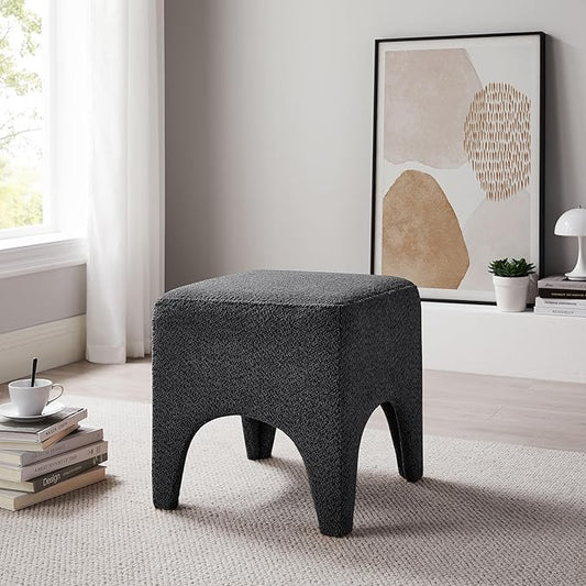 17" Boucle Modern Square Foot Stool Ottoman, Vanity Stool for Makeup, Rectangle Foot Rest for Couch, Upholstered Ottoman Stool for Living Room, Bedroom, Entryway (1, Dark Grey)