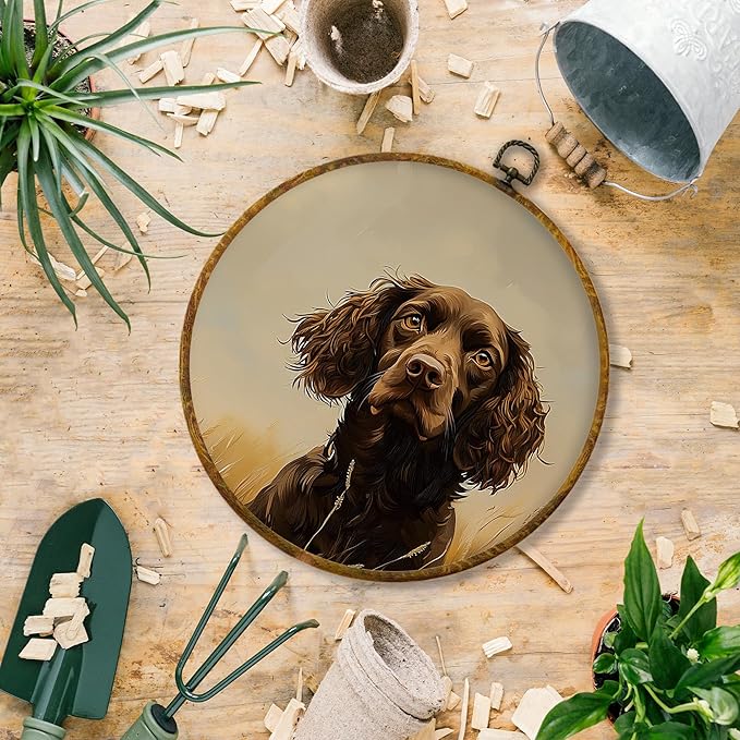 Hiuwevt English Cocker Spaniel Round Wall Art Decor, Rustic Hunting Dog Framed Canvas Prints, Cocker Spaniel Gifts Round Wall Hanging Decor for Home Bedroom Living Room Decorations, 10x10 Inches
