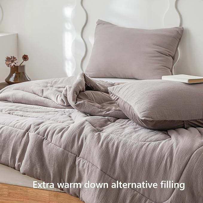 Simple&Opulence 100% Cotton Muslin Comforter Set King Size, 3PCS Washed Cotton Gauze Comforter, Soft Lightweight All Seasons Bedding Sets with 2 Pillow Shams(Grey-Brown,King)