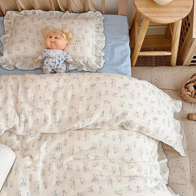 AOJIM Baby Muslin Duvet Cover with cat Patterns, 100% Cotton Toddler Comforter Cover 1 Piece 59X79 inch, Ruffled Design 2-Layer Gauze Crib Bedding Quilt Cover for Kids, No Pillowcases or Quilt
