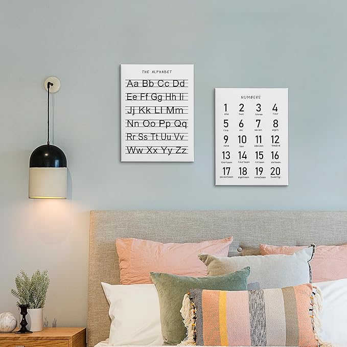 HRQKO Alphabet Numbers Nursery Canvas Wall Art Set of 2, Kids Room Decor Framed Art, ABC Numbers Learning Posters Wall Decor for Classroom Toddler Kids Nursery Bedroom Playroom, 11x14 inch