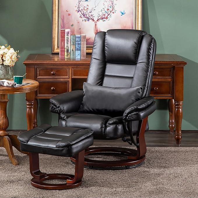MCombo Swivel Recliner with Ottoman Chair, TV Chair Sets with Vibration Massage, for Small Space Living Room Bedroom 9096 9099 (Textile, Black)