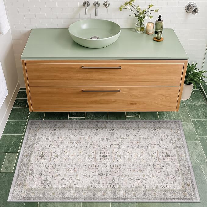 Washable 2x3 Throw Rugs for Entryway, Front Door Mat, Low Pile Non-Slip Small Area Rugs for Kitchen, Bathroom, Powder Room, Mudroom, Neutral Light Grey with Floral Accent