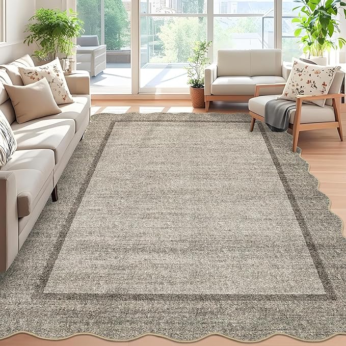 GarveeHome Scalloped Washable Rugs for Entryway 3x5 Rug Super Soft Entry Rug Non-Slip, Printed Faux Wool Floral 3x5 Area Rug Thin Floor Carpet for Kitchen, Bedroom, Office, Living Room, Brown