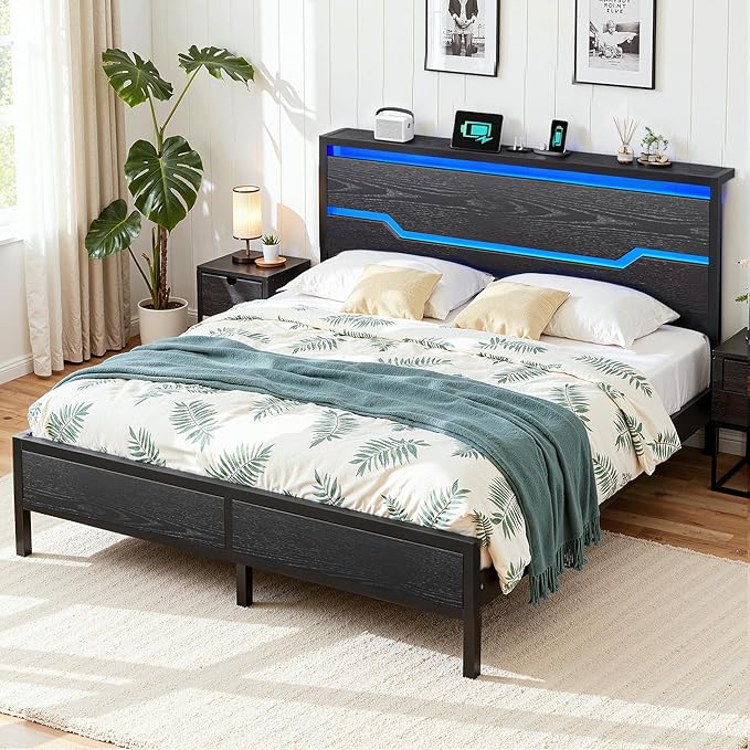 Full Size Bed Frame with LED Lights & Charging Station, Bed Frame Full with Headboard,13" Under Bed Storage, Noise-Free Heavy Duty Metal Support, Modern Black