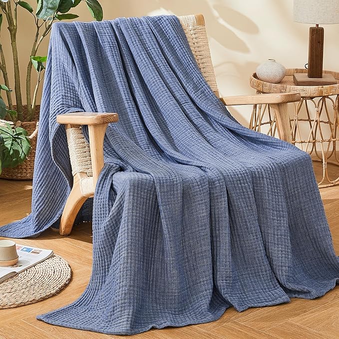 EMME Cotton Muslin Queen Blanket Bed Layering Bedspread Coverlet Breathable Gauze Soft Lightweight Adults (Heather Navy, 90"x90")