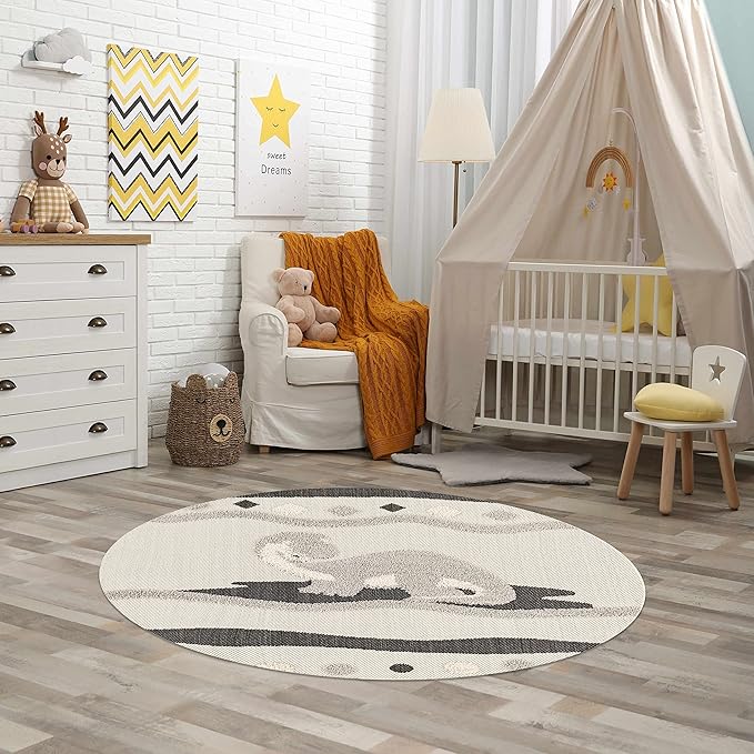 Hauteloom Kids Room, Nursery Round Area Rug - Outdoor Patio Safe - Animal Dinosaur Playroom Carpet - Beige, Gray, Black, Cream - 5'3"