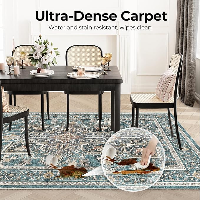 WITSHOCK Living Room Area Rugs 5x7: Washable Rug Boho Soft Non-Slip Low Pile Stain Resistant Foldable Carpet for Bedroom Playroom Dining Room Office Kitchen Farmhouse Home Decor Rug-Dull Teal