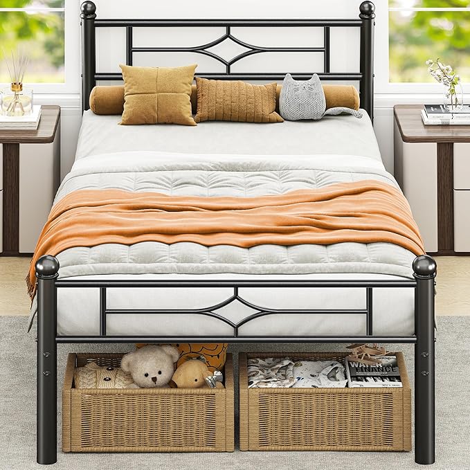 BedsPick Twin Bed Frame, Classic Metal Platform Bed Frame, Mattress Foundation with Steel Slat Support, 12.5'' Under Foundation Storage, No Box Spring Needed/Noise Free/Easy Assembly/Twin Size Black