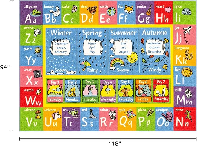 KC Cubs 8x10 ABC Alphabet, Seasons, Months & Days Rug – Educational Play Mat Carpet for Kids, Toddlers, Nursery, Classroom, Playroom, Baby Daycare