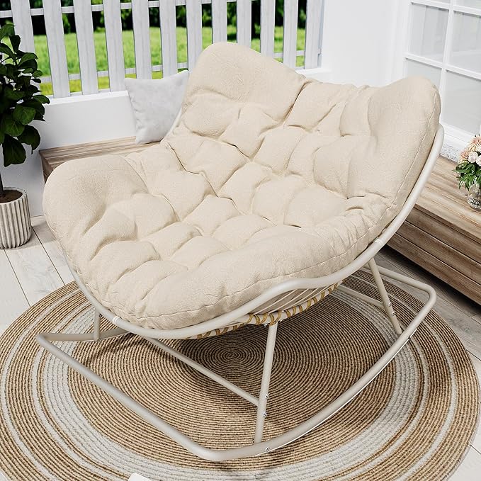 SWITTE Outdoor Papasan Rocking Chair, Oversized Egg Lounge Chair with Thick Cushion, Supports 450 lbs, Comfy Rocker for Patio, Balcony, Porch, or Indoor Living Room-Cream