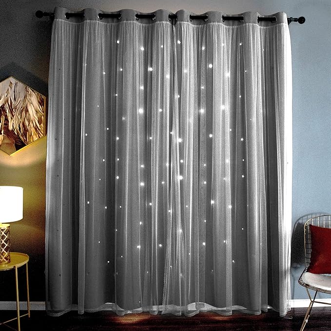 Kinryb Kids Blackout Curtains for Bedroom/Living Room/Classroom, Sheer Overlay 72 Inches 2 Panel Set, Double Layer Curtains with Star Cutout for Kids Room(W 52 x L 72 Inches,Silver Grey 2 Pcs)