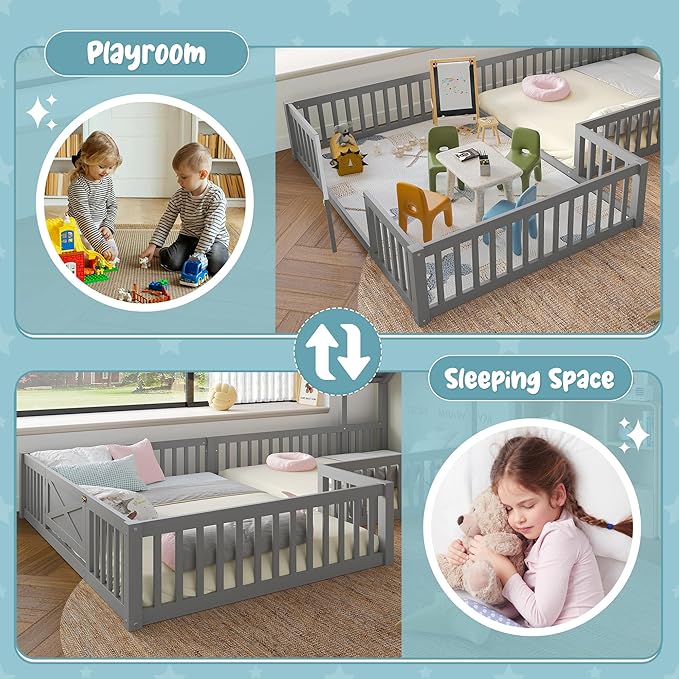 Harper & Bright Designs Full Size House Shaped Double Floor Bed with Door and Full-Length Guardrails, Solid Wood Kids Montessori Floor Bed for Girls Boys, Multi-Function, Grey