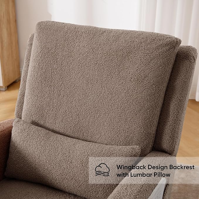 Rocking Chair Nursery,Sherpa Nursing Rocking Chairs, Upholstered Nursery Glider Rocker Wingback Morden Rocking Chair with Lumbar Pillow for Mom Nursery, Living Room, Bedroom, Teddy Coffee
